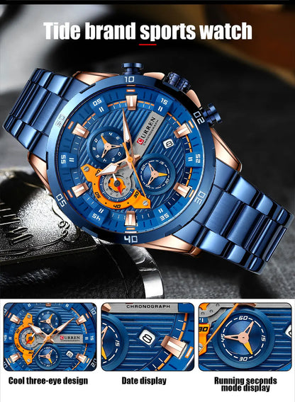 CURREN Men Watch Top Brand Luxury Sports Quartz Mens Watches Full Steel Waterproof Chronograph Wristwatch Men Relogio Masculino