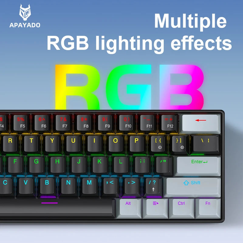 APAYADO K61 Mini 60% Gaming Keyboard 61-Key, Wired, Portable, RGB Lighting, Red/Blue Switch, Black/White/Red Colors