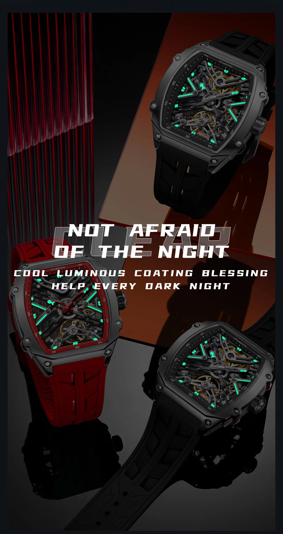 STARKING Men's Waterproof Sports Mechanical Watches Wear-resistant Silicone Strap Automatic Watch Luminous Tonneau Luxury Watch