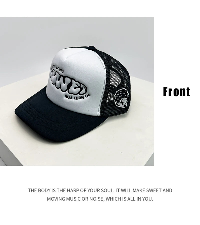 Cappelli da baseball unisex nuovi con color block, stampa lettering e ricamo, stile hip hop, rete traspirante, visiera parasole, trucker street versatili