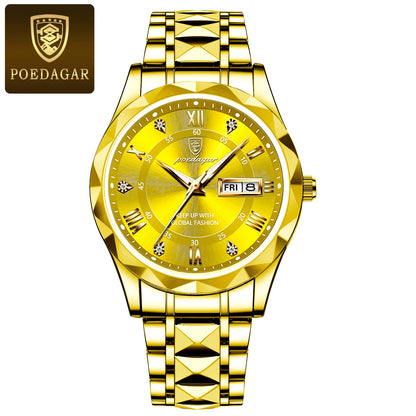 Relógio de homem POEDAGAR Business Luxury, estanque, em aço inoxidável, luminoso, com data e dia da semana, estilo desportivo, de quartzo.