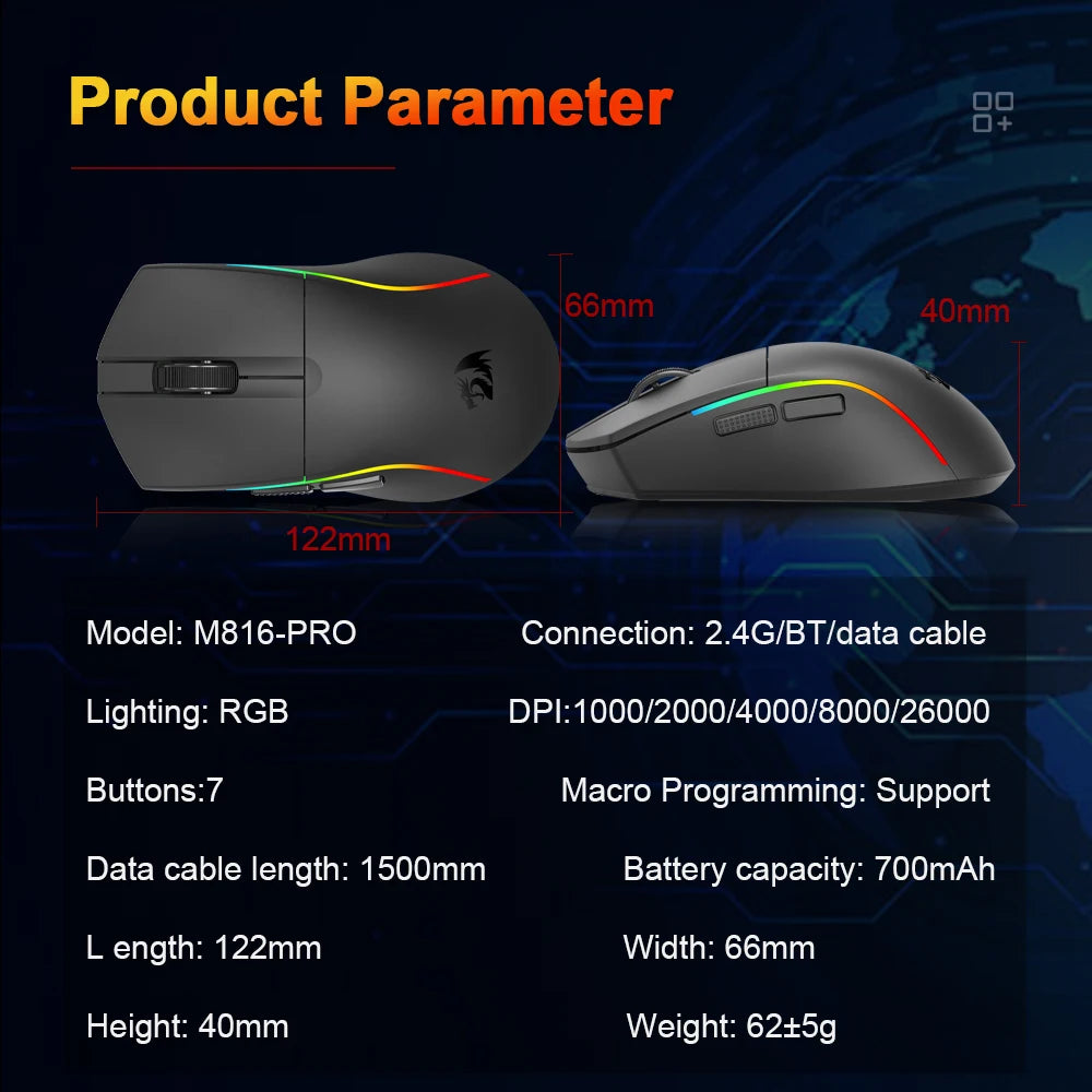 REDRAGON DEICIDE M816 PRO RGB USB mit Bluetooth-Unterstützung, 2.4G kabellose Gaming-Maus, 26000 DPI, 6 Tasten für Gamer, kabelgebundene Computermaus