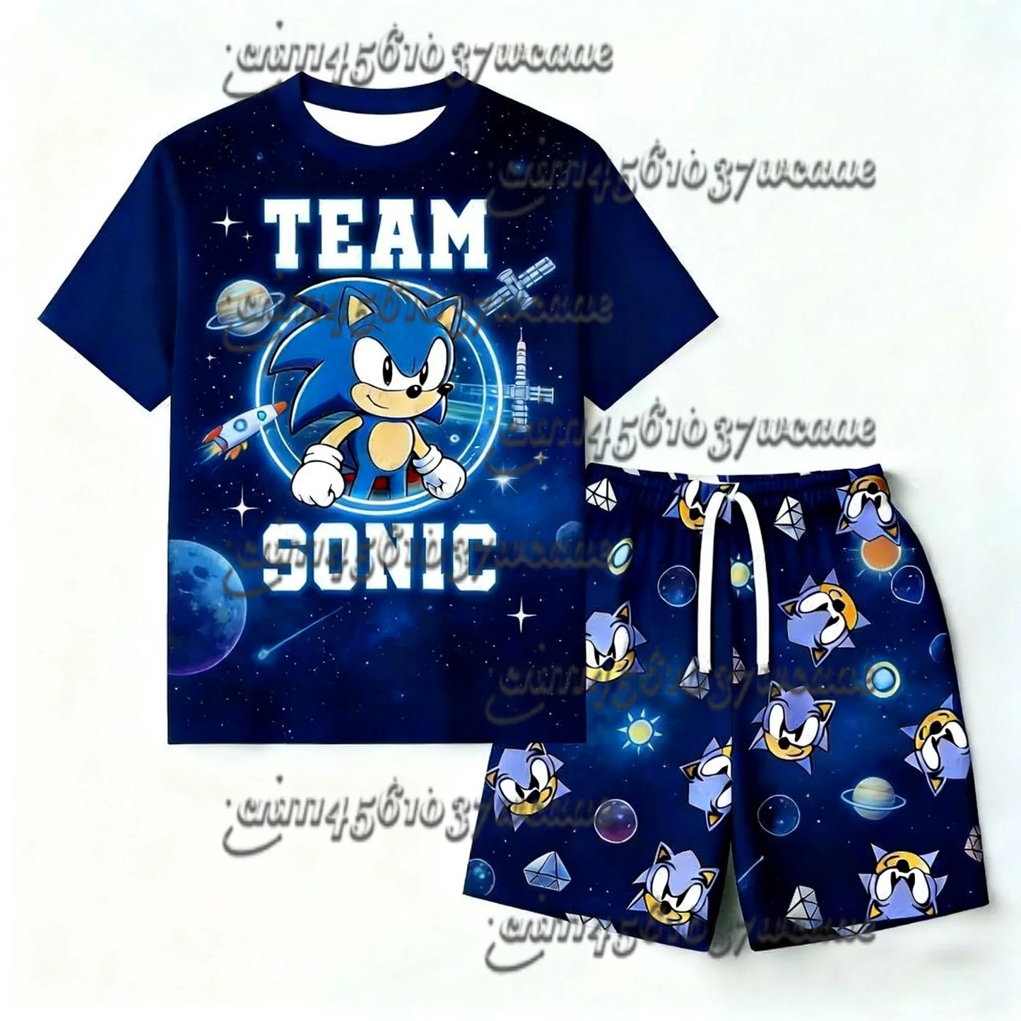 Oversize Bandai Animation Sonic Series T-shirt Set Sleepwear Universal Summer Short Sleeved Shorts New 2026 FamilyMatching