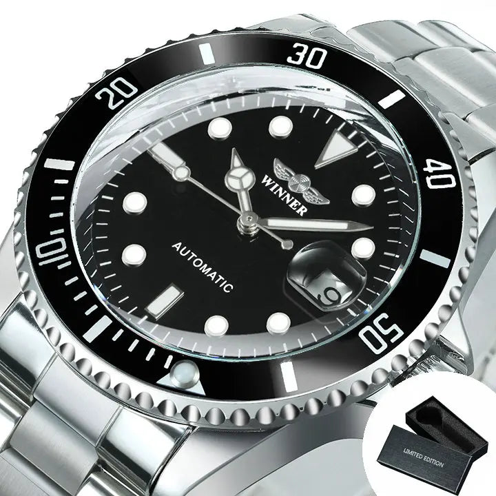 Relógio mecânico clássico para homem – Marca de luxo, estilo profissional, movimento automático, luneta rotativa, mostrador luminescente, bracelete em aço