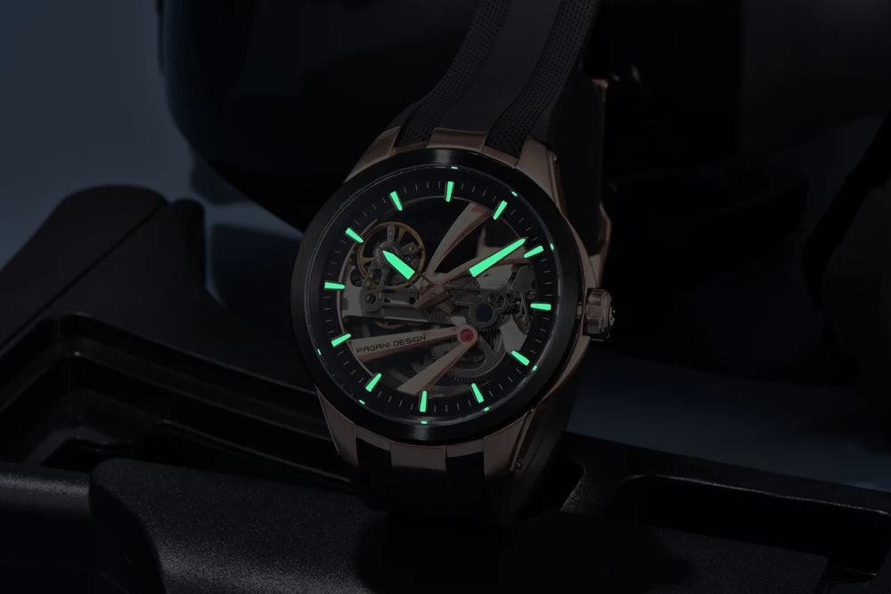 Montre pour homme PAGANI DESIGN – Modèle mécanique automatique de luxe, type « squelette » (à cœur ouvert), doté d’un tourbillon, verre saphir avec traitement antireflet, étanche et luminescent.