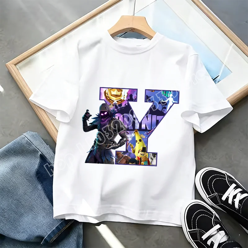 Μπλουζάκι Fortnite με στάμπα αλφαβήτου A-Z για παιδιά, καλοκαιρινό, λευκό, δημοφιλές cartoon game, casual κοντομάνικο τοπ μόδας, ιδανικό για δώρο