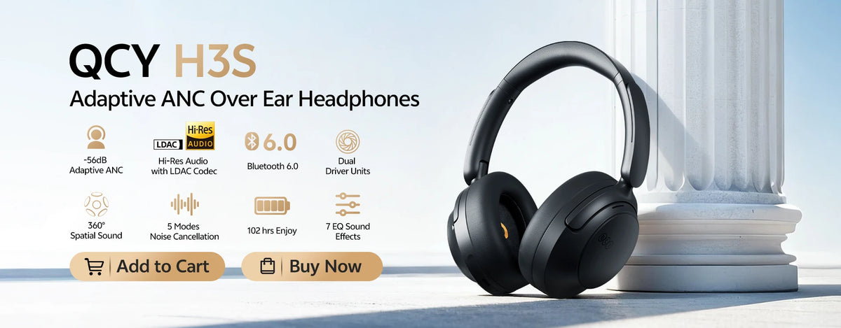 Casque sans fil Bluetooth 6.0 QCY BH25H3SA avec audio spatial 3D, réduction de bruit active adaptative -56 dB, haut-parleur de 53 mm, casque pliable supra-auriculaire
