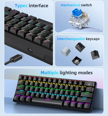 60% Portable Mini Keyboard APAYADO K61 Mechanical Keyboard Wired, 61 Keys RGB Black,White, Red/Blue Switch for Gaming