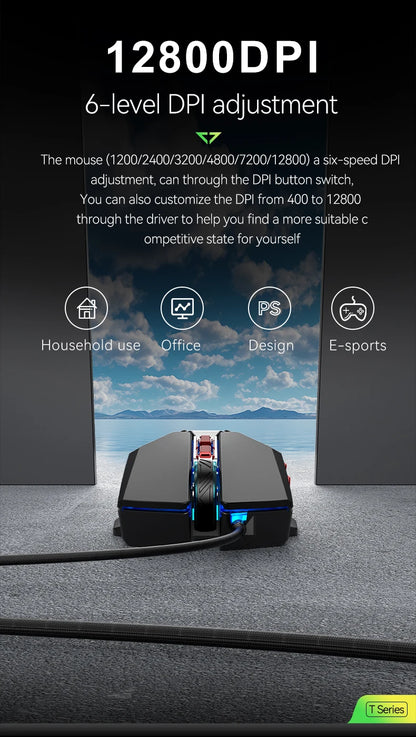 1K Hz Gaming Mouse Wired APAYADO T4 RGB Mouse with Ultra-light Cord 60IPS,12800DPI for Laptop/Computer
