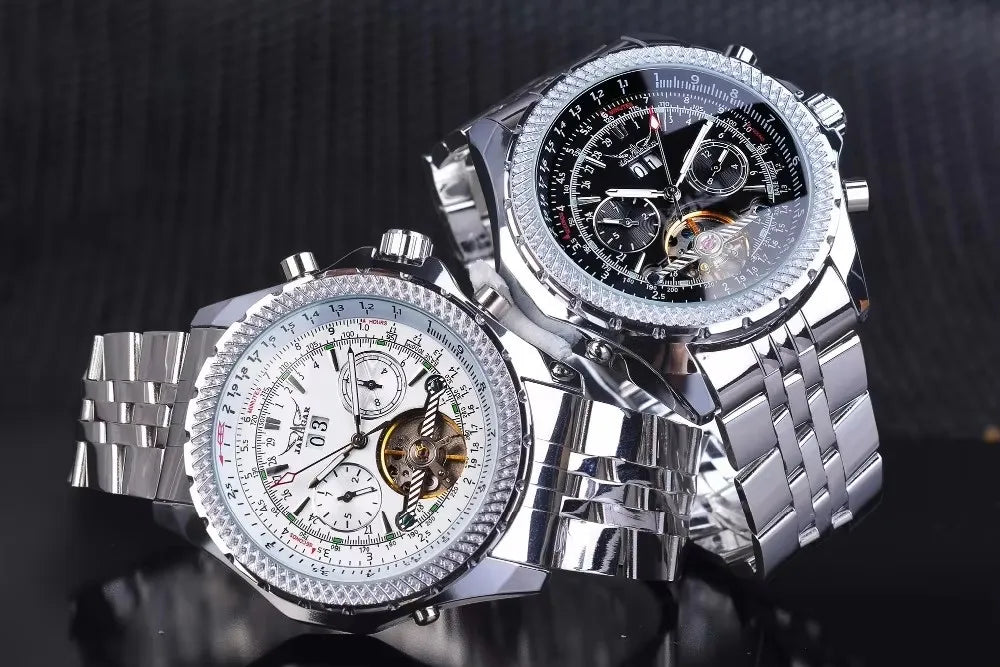 Luxusné retro automatické mechanické hodinky JARAGAR 034, tourbillon, vyprázdnená skeletová konštrukcia, nerezová oceľ, týždenný kalendár, pánske hodinky