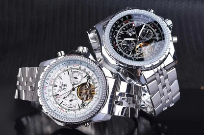 Luxusné retro automatické mechanické hodinky JARAGAR 034, tourbillon, vyprázdnená skeletová konštrukcia, nerezová oceľ, týždenný kalendár, pánske hodinky