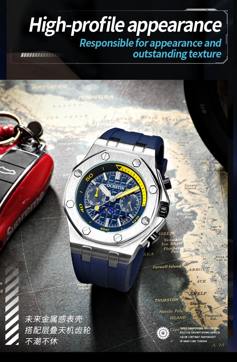 OCHSTIN Automatic Men Watches Luxury Designer Octagon Bezel Mechanical Date Day Night Dial Luminous Male Trendy Sport Wristwatch