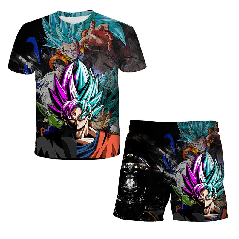 Japanese cartoon Dragon Ball Z T-shirt children's top T-shirt shorts two-piece set for summer boys T-shirt+shorts beach pants