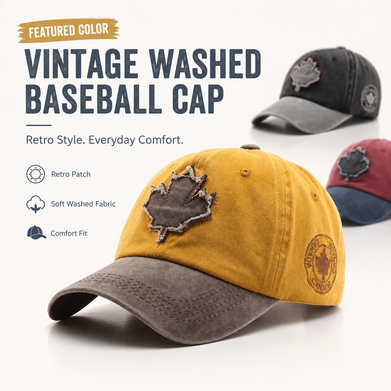 Casual Washed Denim Look Maple Leaf Patch Cap Adjustable Two Tone Outdoor Sport Baseball Hat for Daily Wear