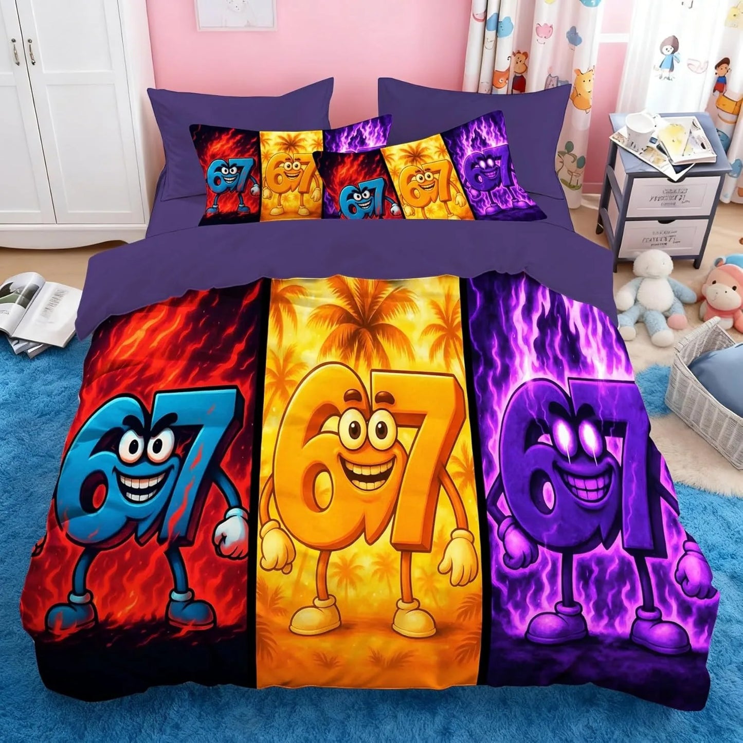Set de lenjerie de pat Cartoon Print Six Seven 67, 2/3 piese, husă de pilotă și față de pernă pentru acasă, adolescenți și adulți, cadou pentru băieți și fete