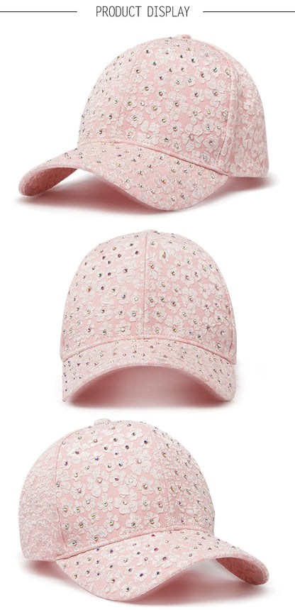 CNTANG Sommer-baseballkasket til kvinder med rhinestones og blomsterbroderi, snapback-kasket til kvinder, designer-solhat, hiphop-kasketter i Y2K-stil