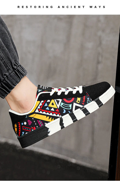 YRZL Scarpe sportive da running da uomo in tela con stile geometrico, sneakers stringate, scarpe da skate da uomo alla moda per coppie con stampa graffiti