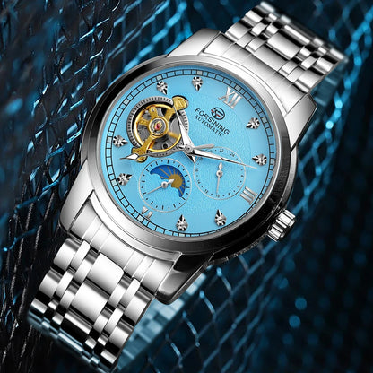 Montre mécanique automatique pour homme Forsining – Style luxe, business et mode, bracelet en métal, tourbillon, aiguilles luminescentes, ornée de diamants artificiels