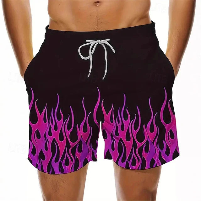 Hawaiian Style Beach Shorts For Men Flame Graphic 3D Print Board Shorts Summer Casual Drawstring Waist Party Beachwear Bottoms