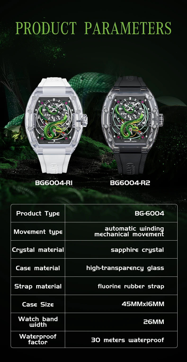 BONEST GATTI Men Mechanical Watch Sapphire Crystal Double Sided Hollow Out Luminous 30M Waterproof Snake Pattern Dial Wristwatch