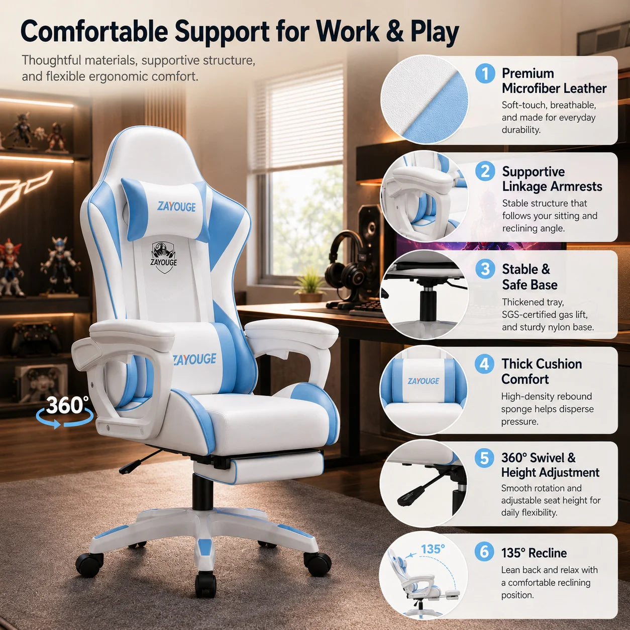 AOLIVIYA Gaming-Bürostuhl mit Liegefunktion, drehbar, höhenverstellbar, mit Rückenlehne und Fußstütze, für Zuhause, Computer, Internetcafé und E-Sports