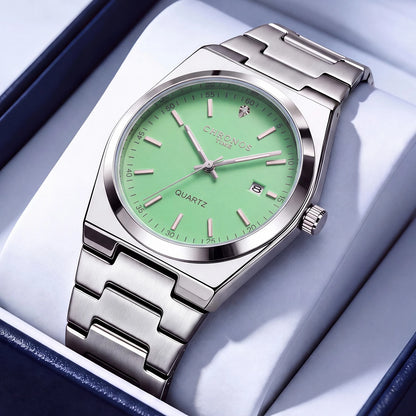 Reloj de cuarzo para hombre CHRONOS: correa de acero inoxidable, resistente al agua, agujas luminiscentes, indicador de fecha. Ideal para el trabajo, el deporte o el día a día.