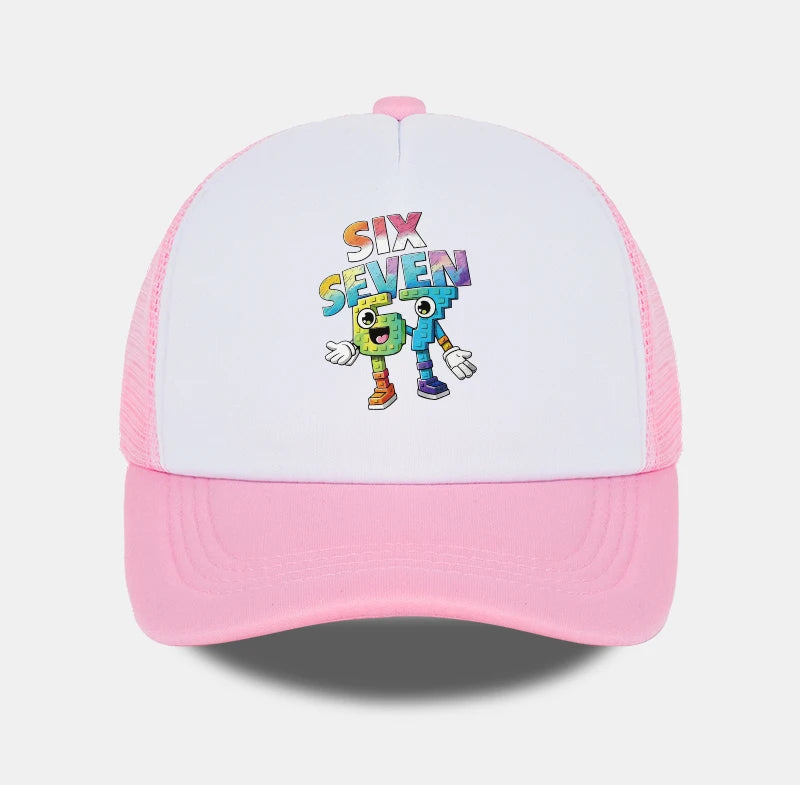 Six Seven Cartoon Number Print Sponge Mesh Cap – Unisex Colorful Building Block Mesh Baseball Cap – Adjustable, Breathable Sun H