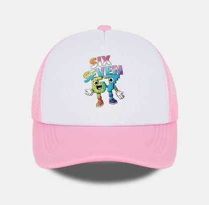 Six Seven Cartoon Number Print Sponge Mesh Cap – Unisex Colorful Building Block Mesh Baseball Cap – Adjustable, Breathable Sun H