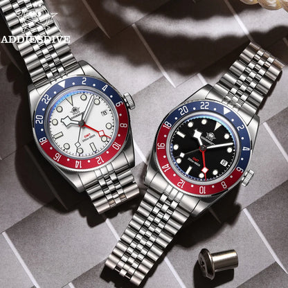 Montre de plongée pour homme ADDIESDIVE GMT515-24H – Étanchéité 200 m, verre bombé, revêtement luminescent BGW9, boîtier en acier inoxydable, affichage analogique
