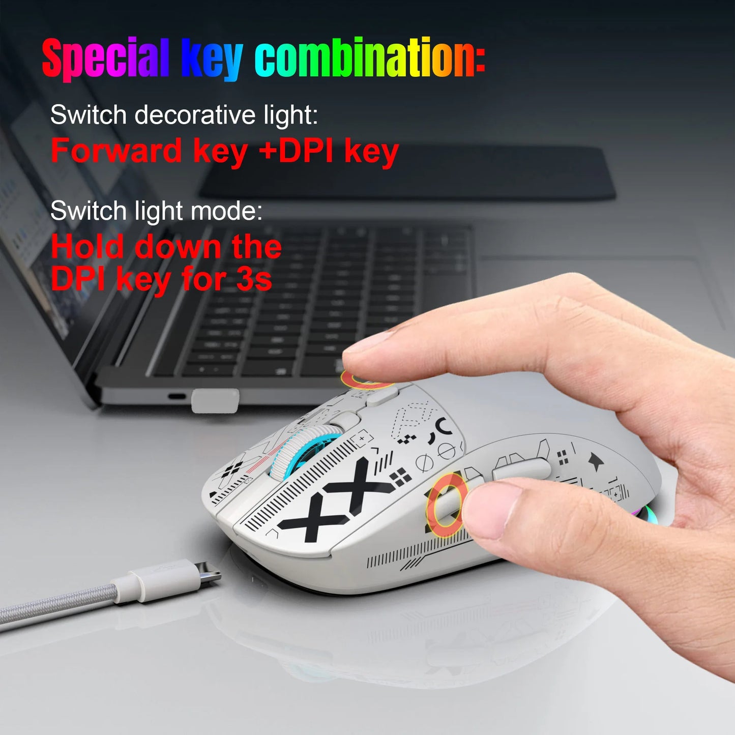 Ratón gaming Bluetooth recargable de 3 modos 2.4G USB inalámbrico con retroiluminación RGB para iPad, tablet, portátil y ordenador