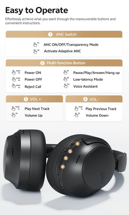 Casque sans fil Bluetooth 6.0 QCY BH25H3SA avec audio spatial 3D, réduction de bruit active adaptative -56 dB, haut-parleur de 53 mm, casque pliable supra-auriculaire