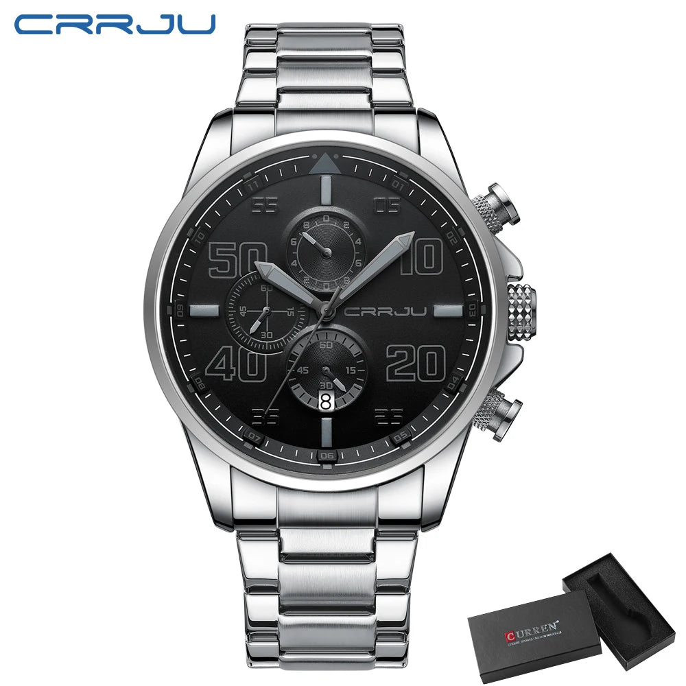 Pánske hodinky CRRJU – luxusný chronograf, veľký ciferník, nerezová oceľ, vodotesné, s ukazovateľom dátumu