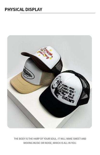 Kšiltovky ve stylu amerických kšiltovek s potiskem Cruise Anime New Letter Mesh Trucker – sluneční, prodyšné baseballové kšiltovky pro muže i ženy, univerzální módní kousek