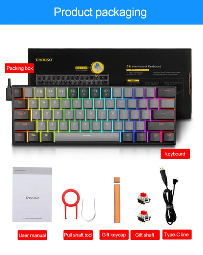 E-YOOSO Z11 RGB USB 60% Mini Mechanical Gaming Keyboard Blue Red Switch 61 Keys Wired Detachable Cable, Portable for Travel PC