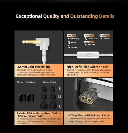 KZ Decet Adjustable Earphones 10 Unit Upgraded Drive Earbuds Hifi Music Replaceable Cable 3D Printing Design 2PIN Cable