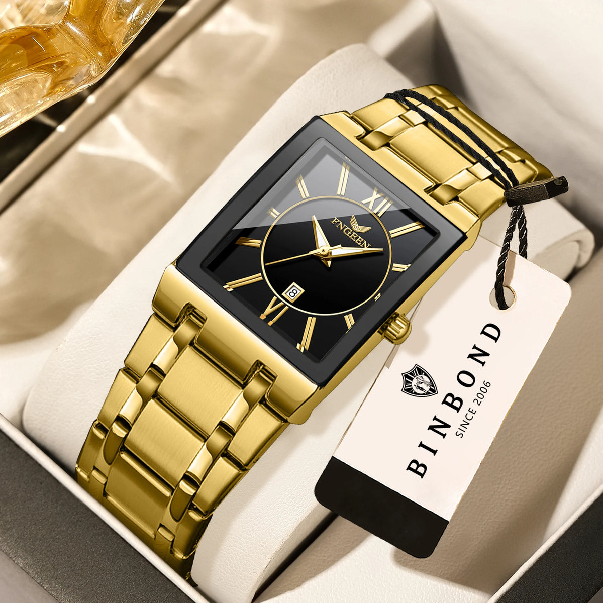 BINBOND luxury men’s wristwatch with precise quartz movement, luminous hands, water-resistant, automatic date display, made from durable stainless steel, casual style.