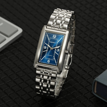 Montre carrée pour homme BERNY – Mouvement à quartz, cadran à chiffres romains, affichage luminescent, boîtier en acier inoxydable 316L – Montre rectangulaire élégante et décontractée
