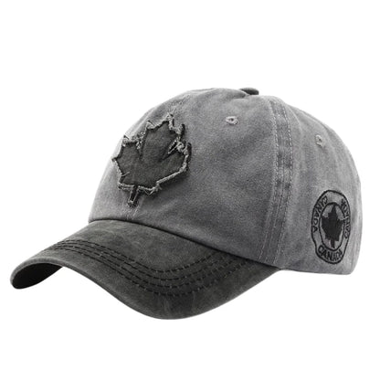 Casual Washed Denim Look Maple Leaf Patch Cap Adjustable Two Tone Outdoor Sport Baseball Hat for Daily Wear
