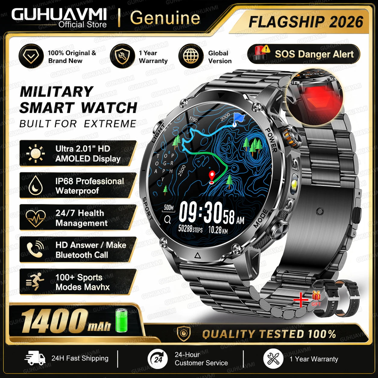 2026 TANK Ultra New 1400mAh Big Battery Smart Watch Men GPS path Sport Flashlight BT Call Waterproof Outdoor Military Smartwatch