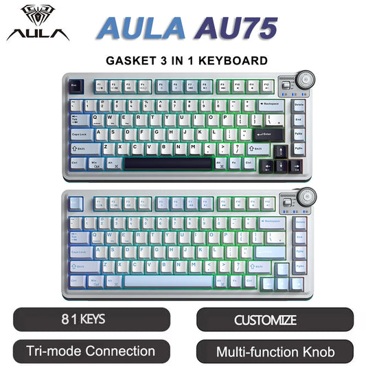 Teclado mecánico gaming esports AULA AU75 de tres modos, 81 teclas, teclas PBT, hot-swappable, RGB, teclado inalámbrico para PC de escritorio y escritura