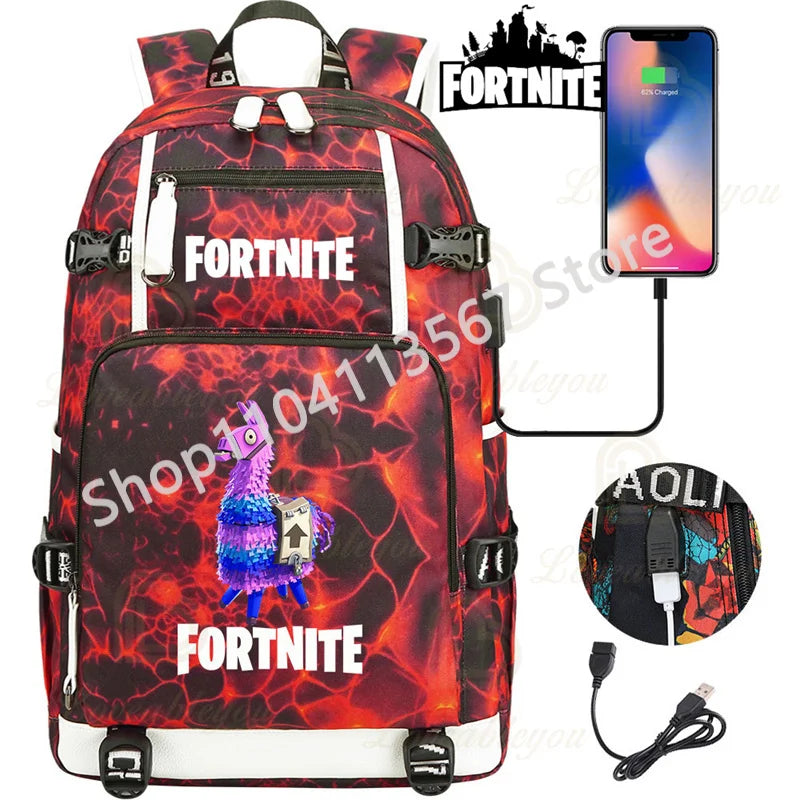 Red Jade F-Fortnited Battle Royale Backpack with USB Charging Anime Figures Study Stationery Compartment for Students Mochila