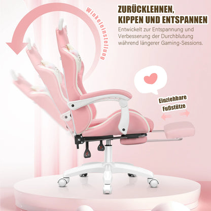 Cat Ear Gaming Chair with Footrest, Ergonomic Computer Gaming Chair with Lumbar Support, Adjustable Height 360° Swivel Racing Chair