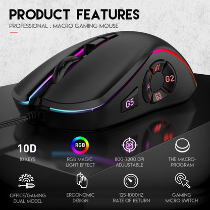 Mouse cablato da gaming e ufficio 7200 DPI con retroilluminazione RGB, 6 livelli DPI regolabili, 10 pulsanti programmabili e pulsante per tornare al desktop