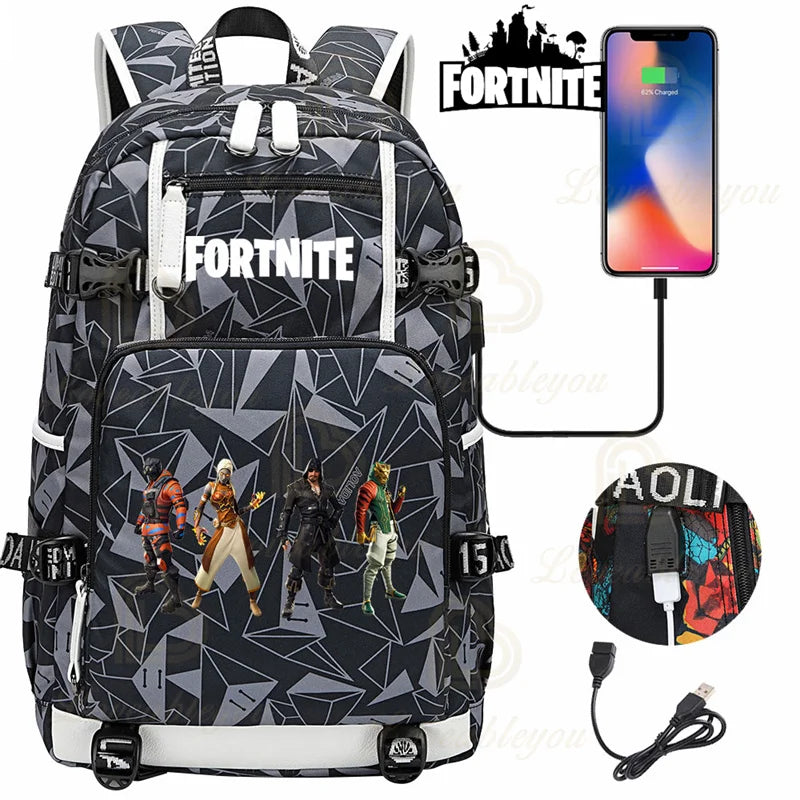 Red Jade F-Fortnited Battle Royale Backpack with USB Charging Anime Figures Study Stationery Compartment for Students Mochila