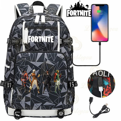 Red Jade F-Fortnited Battle Royale Backpack with USB Charging Anime Figures Study Stationery Compartment for Students Mochila
