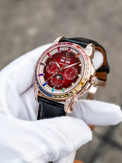 OBLVLO Men's Automatic Watch 40mm Mechanical Wristwatch 5ATM Luminous Crystal Bezel Year, Month, Week, Date, 24 Hours TY1655 Movement
