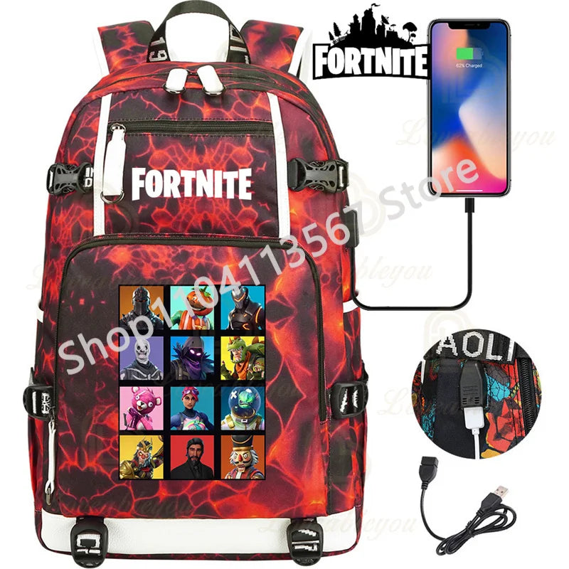 Red Jade F-Fortnited Battle Royale Backpack with USB Charging Anime Figures Study Stationery Compartment for Students Mochila