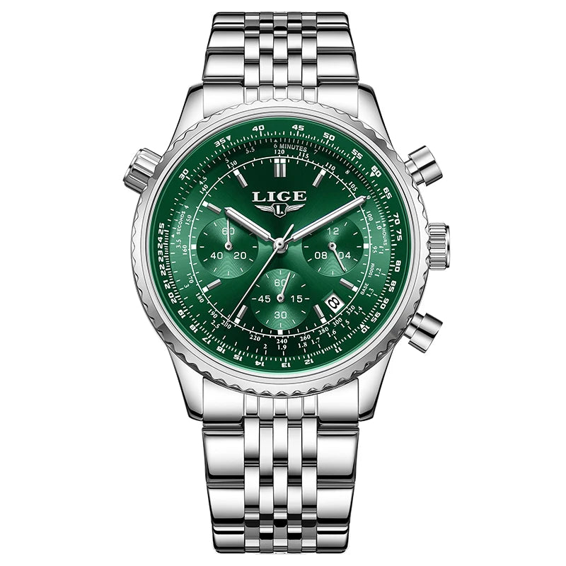 LIGE luxury men’s watch – Chronograph with date, stainless steel, water-resistant, luminescent, sporty and military style, men’s quartz watch