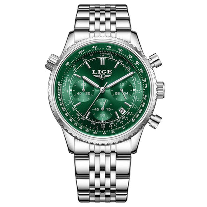 LIGE luxury men’s watch – Chronograph with date, stainless steel, water-resistant, luminescent, sporty and military style, men’s quartz watch