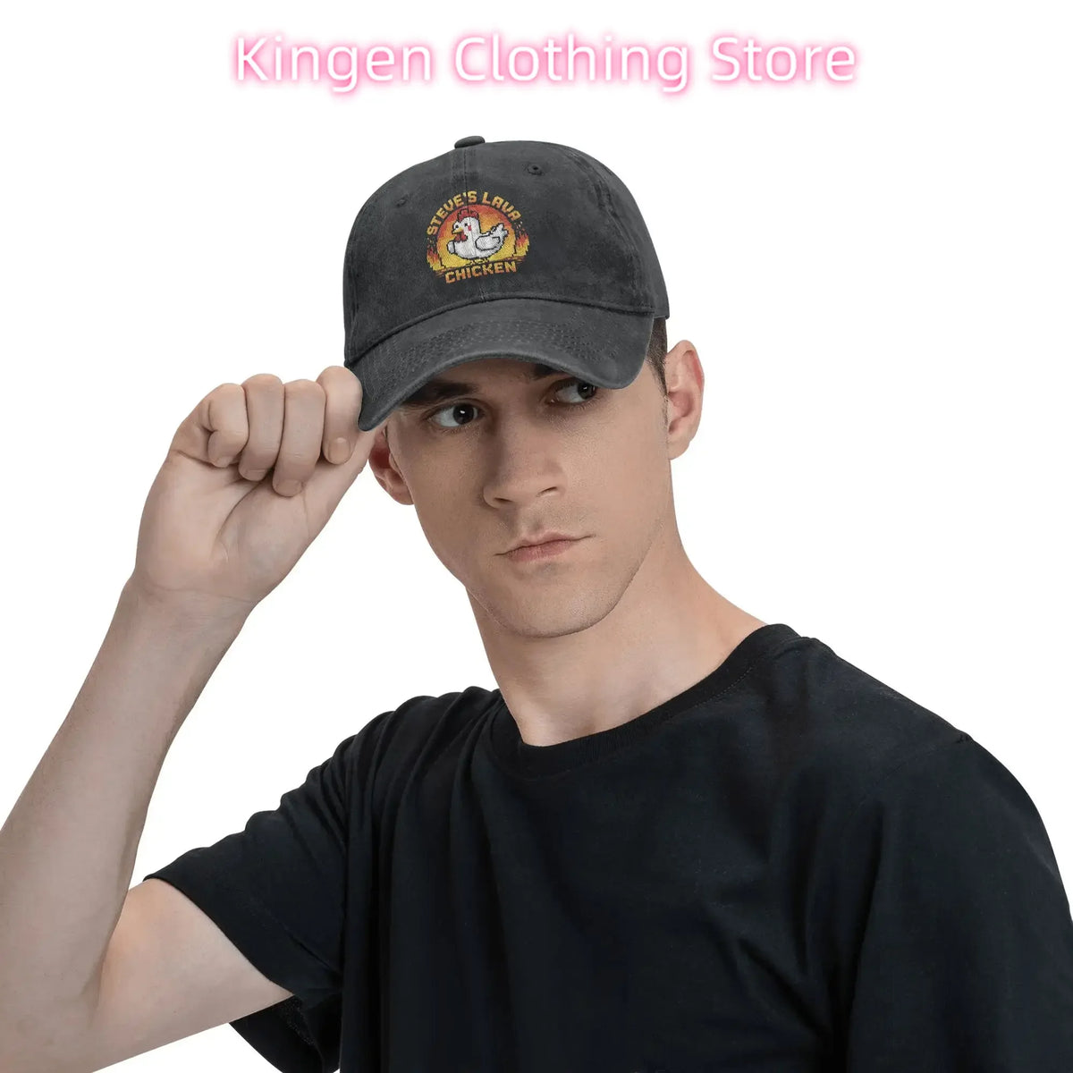Cappellino da baseball unisex "Chicken Jockey Lava Chicken Print Steves Hat" in stile vintage, lavato e consumato, regolabile